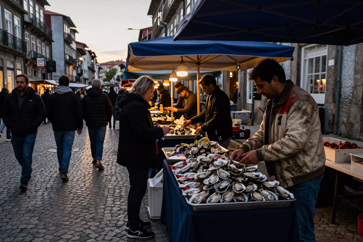 Busy Porto Street Scene Early Evening with Local Market Activity and Vintage Atmosphere in in Porto, Portugal