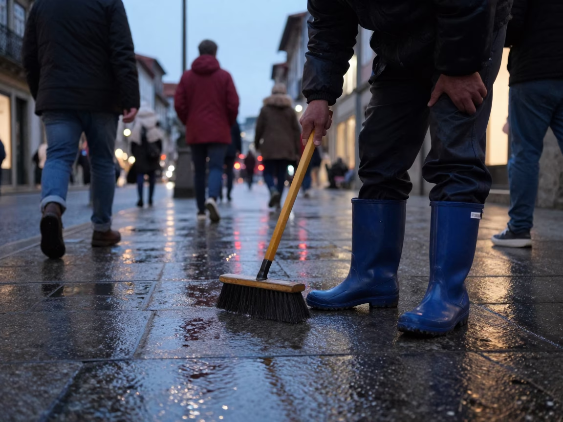 Busy Porto Street Scene Early Evening with Rain Boots and Brush on Cobblestones in in Porto, Portugal