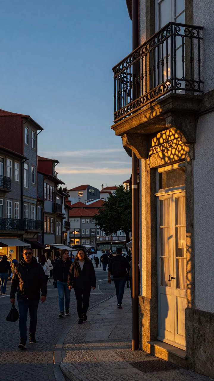 Busy Porto Street Scene Early Evening with Wicker Shadow and Local Life in in Porto, Portugal