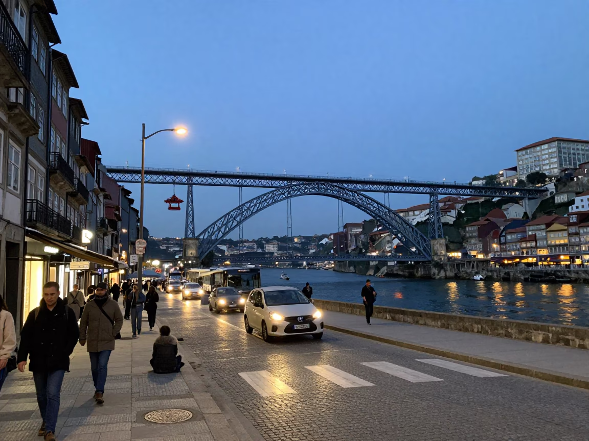 Busy Porto Street Scene in Blue Hour with Bridge Maintenance Cradle and Watering Jug in in Porto, Portugal