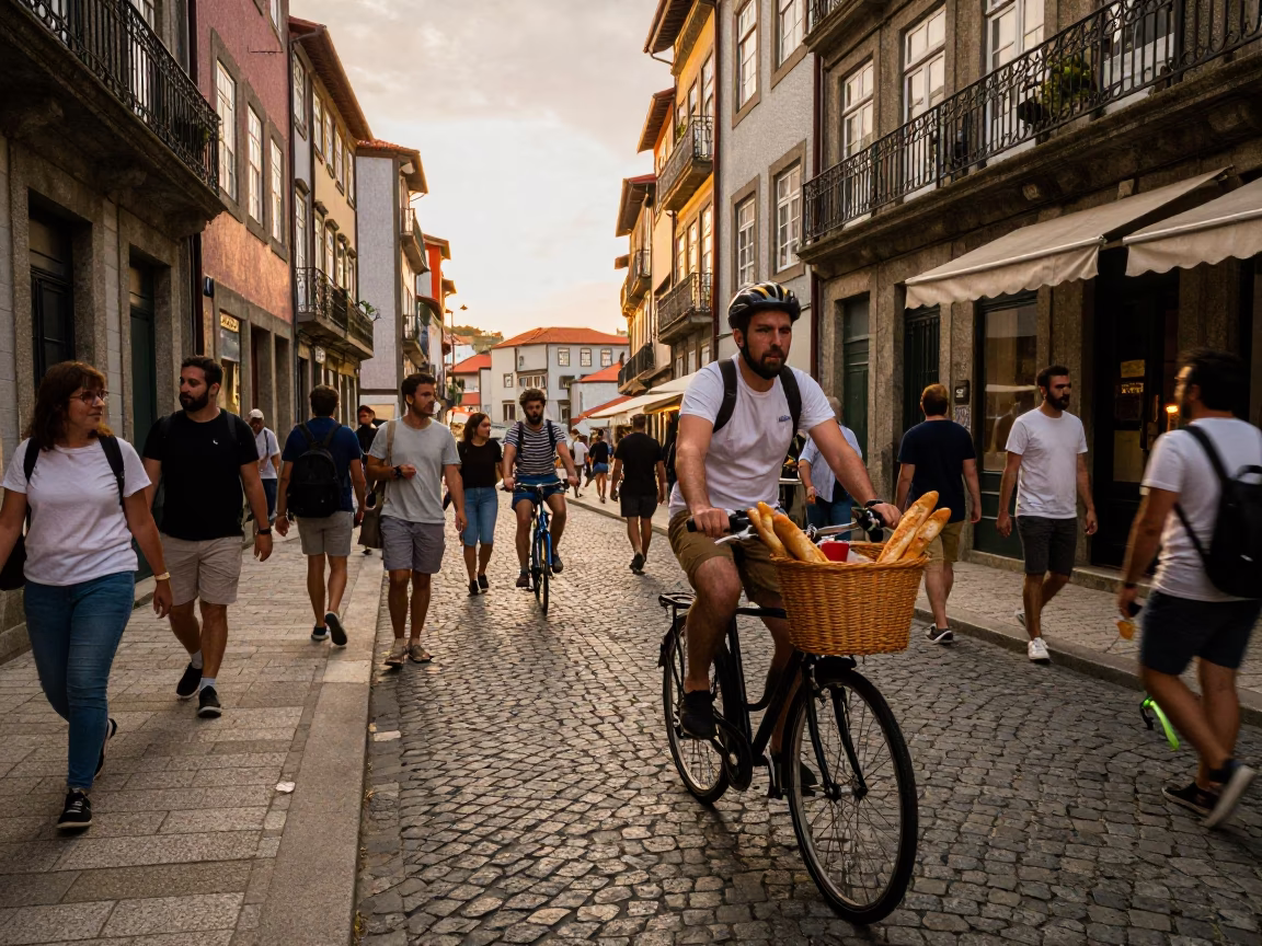 Busy Porto Street Scene in Honeyed Evening Light with Bicycle and Brushed Steel Lamp in in Porto, Portugal