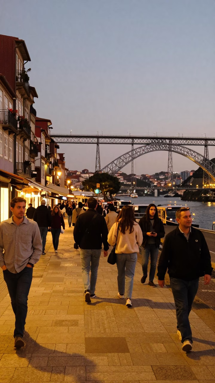 Busy Porto Street Scene in Honeyed Evening Light with Cable-Stayed Bridge in in Porto, Portugal