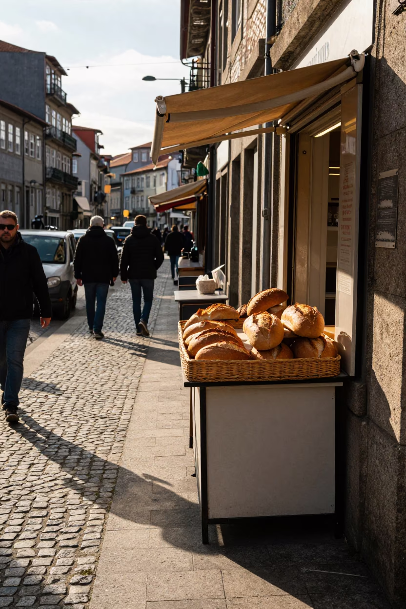 Busy Porto Street Scene Late Afternoon Bread Loaves and Brushed Steel Doorframe in in Porto, Portugal