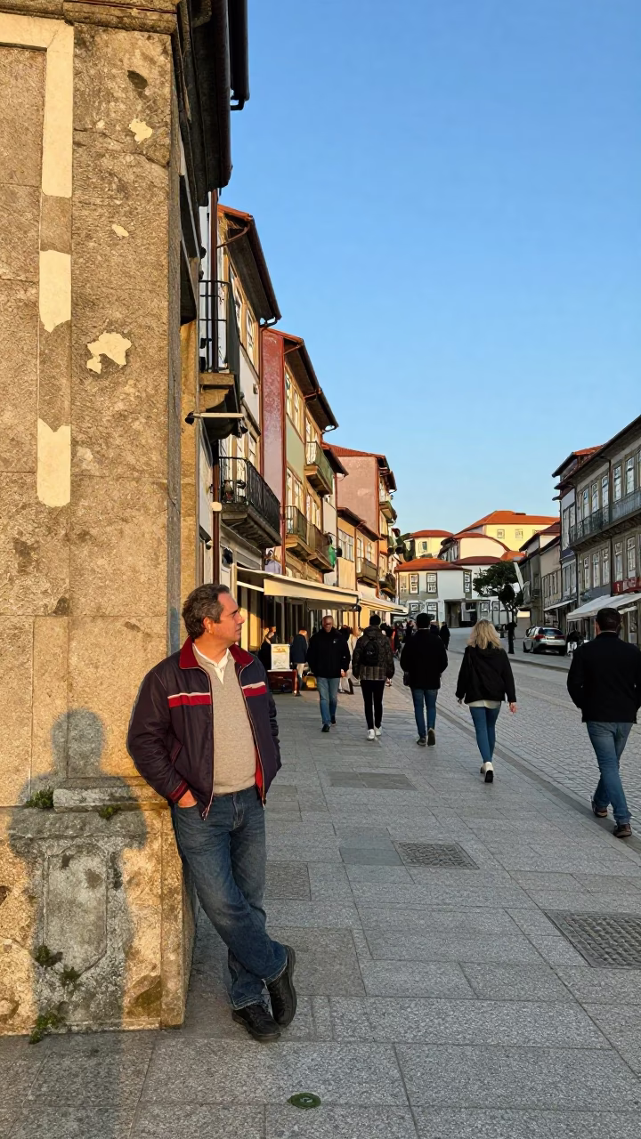 Busy Porto Street Scene Late Afternoon Light with Traditional Elements in in Porto, Portugal