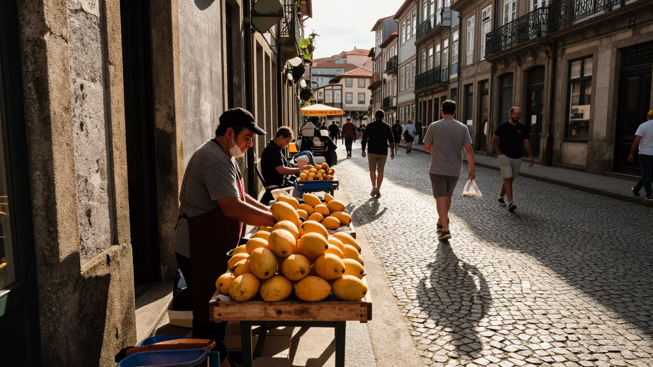 Busy Porto Street Scene Late Afternoon with Mangoes and Wooden Tray in in Porto, Portugal