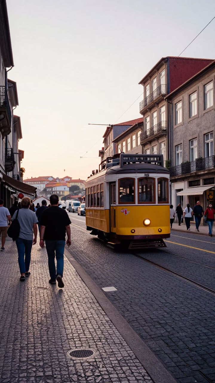 Busy Porto Street Scene Late Afternoon with Vintage Tram and Local Pedestrians in in Porto, Portugal
