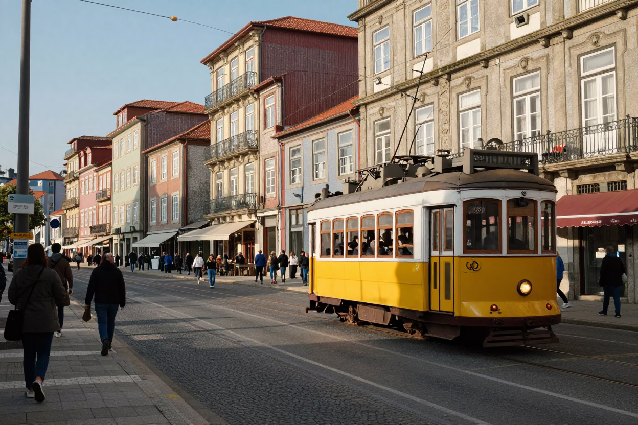 Busy Porto Street Scene Late Morning with Tram and Art Nouveau Facades in in Porto, Portugal