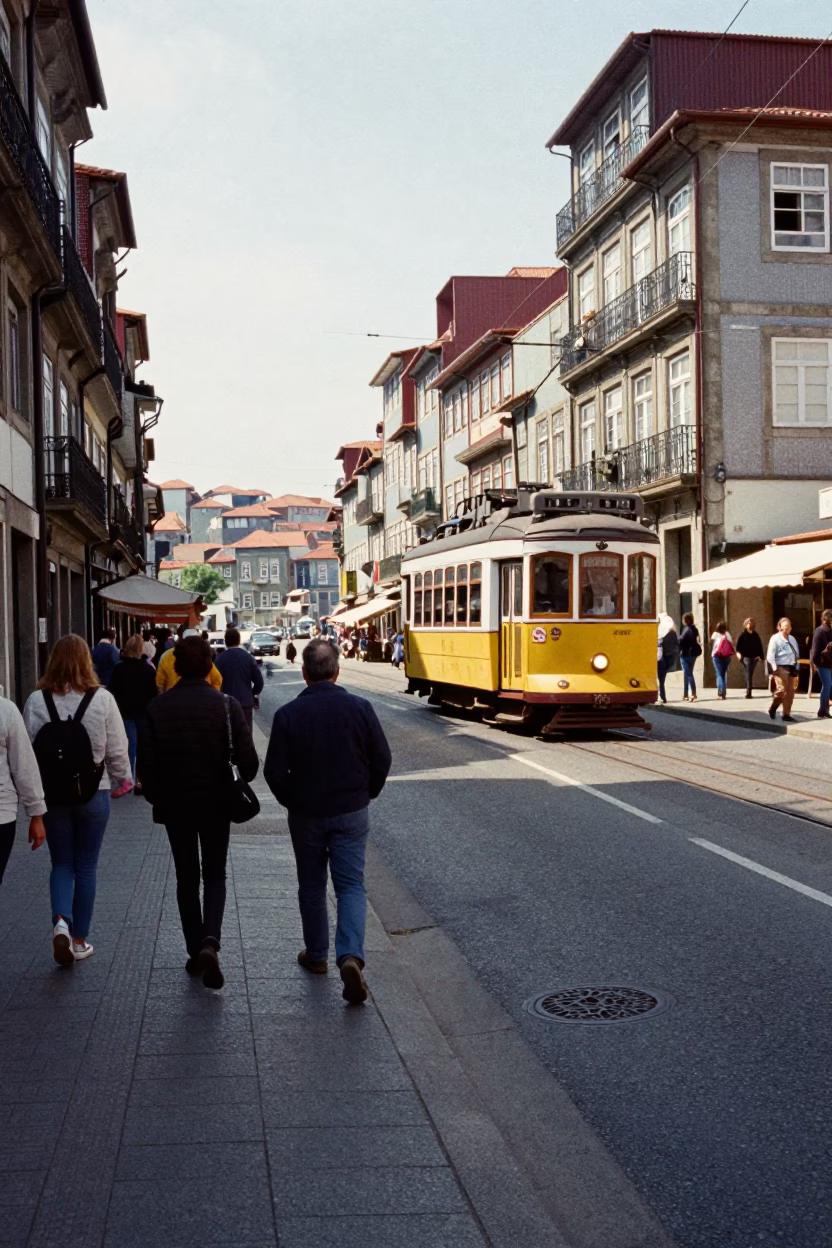 Busy Porto Street Scene Late Morning with Tram and Traditional Pastries in in Porto, Portugal