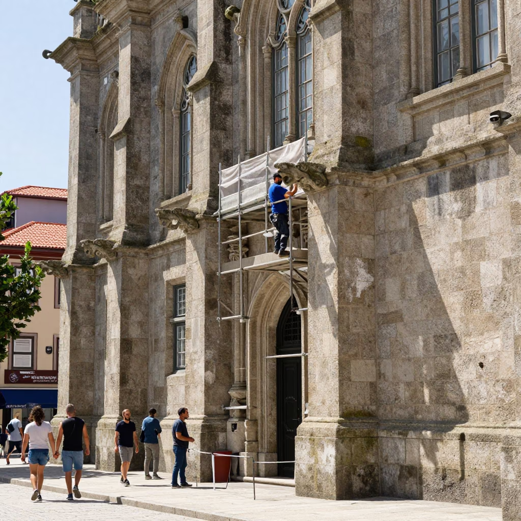 Busy Porto Street Scene Under Flat Noon Glare With Stone Mason Carving Gargoyle in in Porto, Portugal