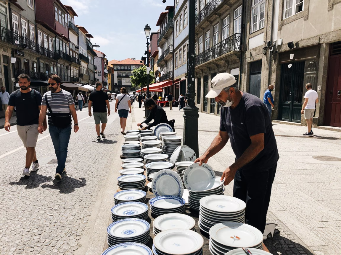 Busy Porto Street Scene Under Noon Glare with Portuguese Ceramics and Local Activity in in Porto, Portugal