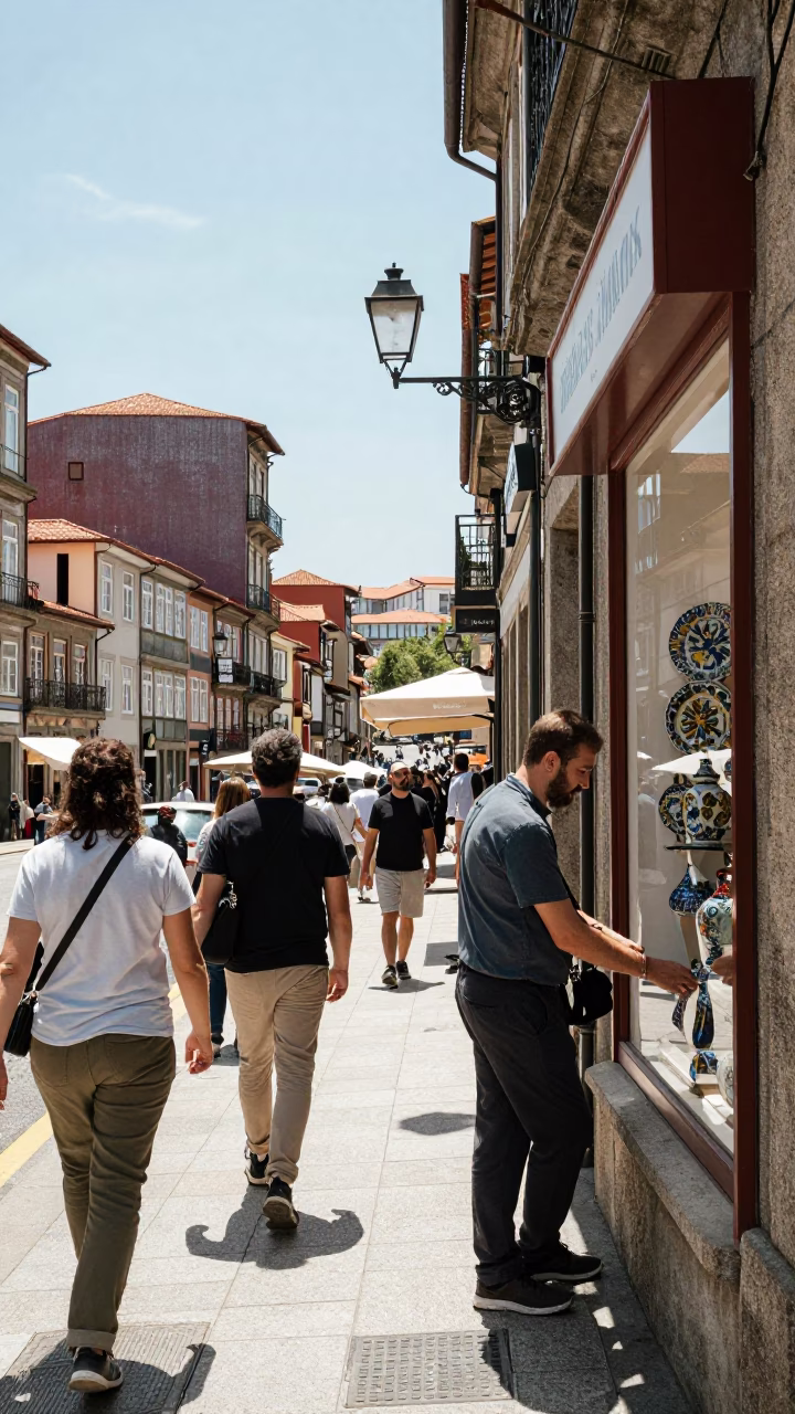 Busy Porto Street Scene Under Noon Sun With Vintage 1950s Atmosphere in in Porto, Portugal