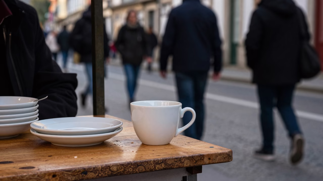 Busy Porto Street Scene with Ceramic Cup and Dish Towel in in Porto, Portugal