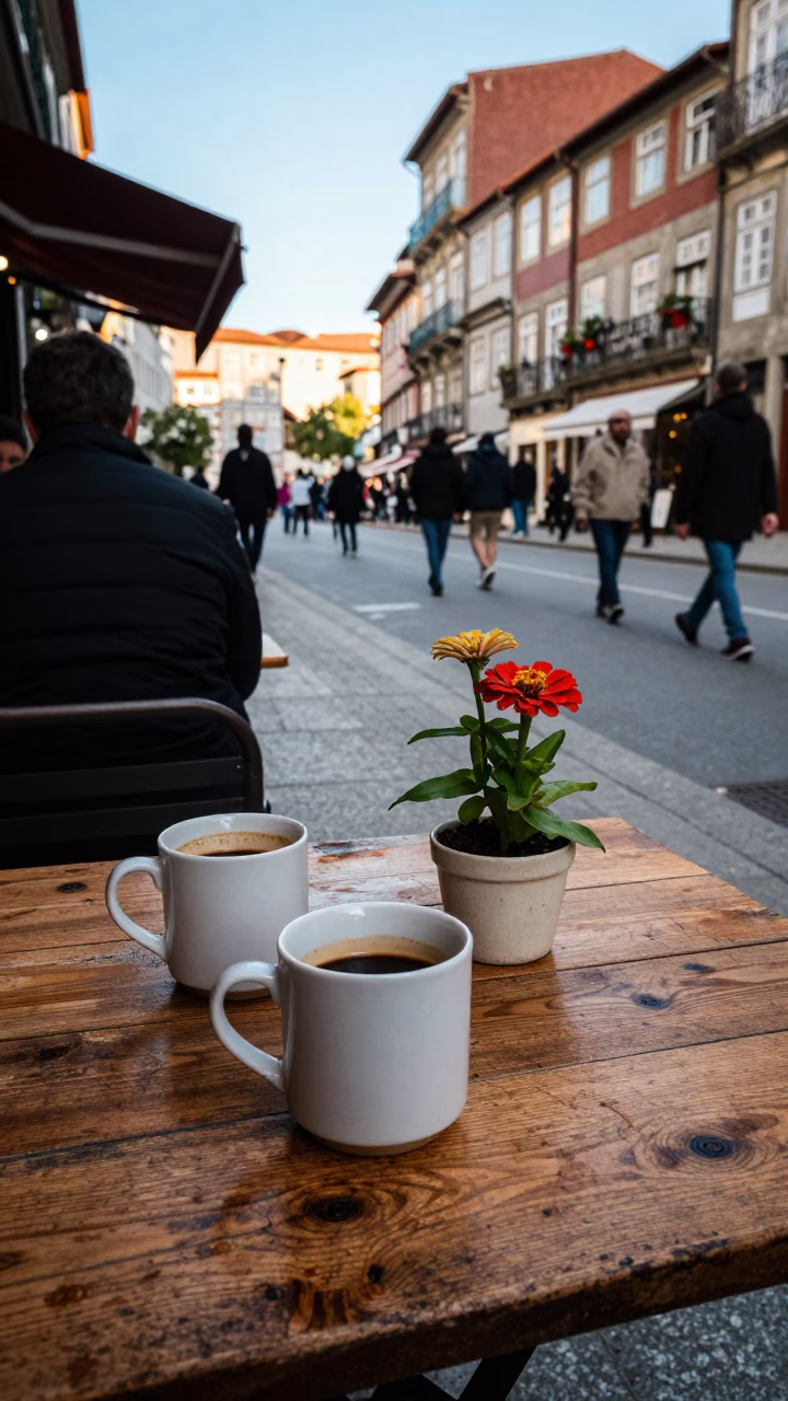 Busy Porto Street Scene with Coffee Mugs and Zinnias in Late Afternoon Light in in Porto, Portugal