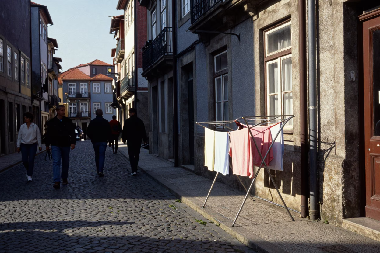Busy Porto Street Scene with Drying Rack and Traditional Architecture in Early Afternoon Light in in Porto, Portugal