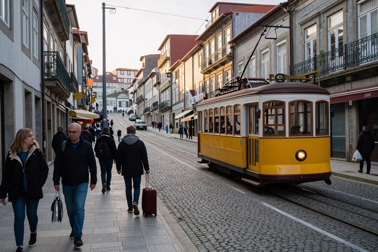 Busy Porto Street Scene with Funicular and Suitcases in First Light in in Porto, Portugal