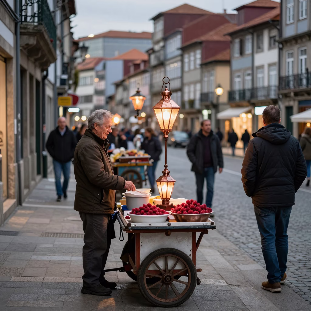 Busy Porto Street Scene with Lanterns and Raspberries in Copper Dusk Light in in Porto, Portugal