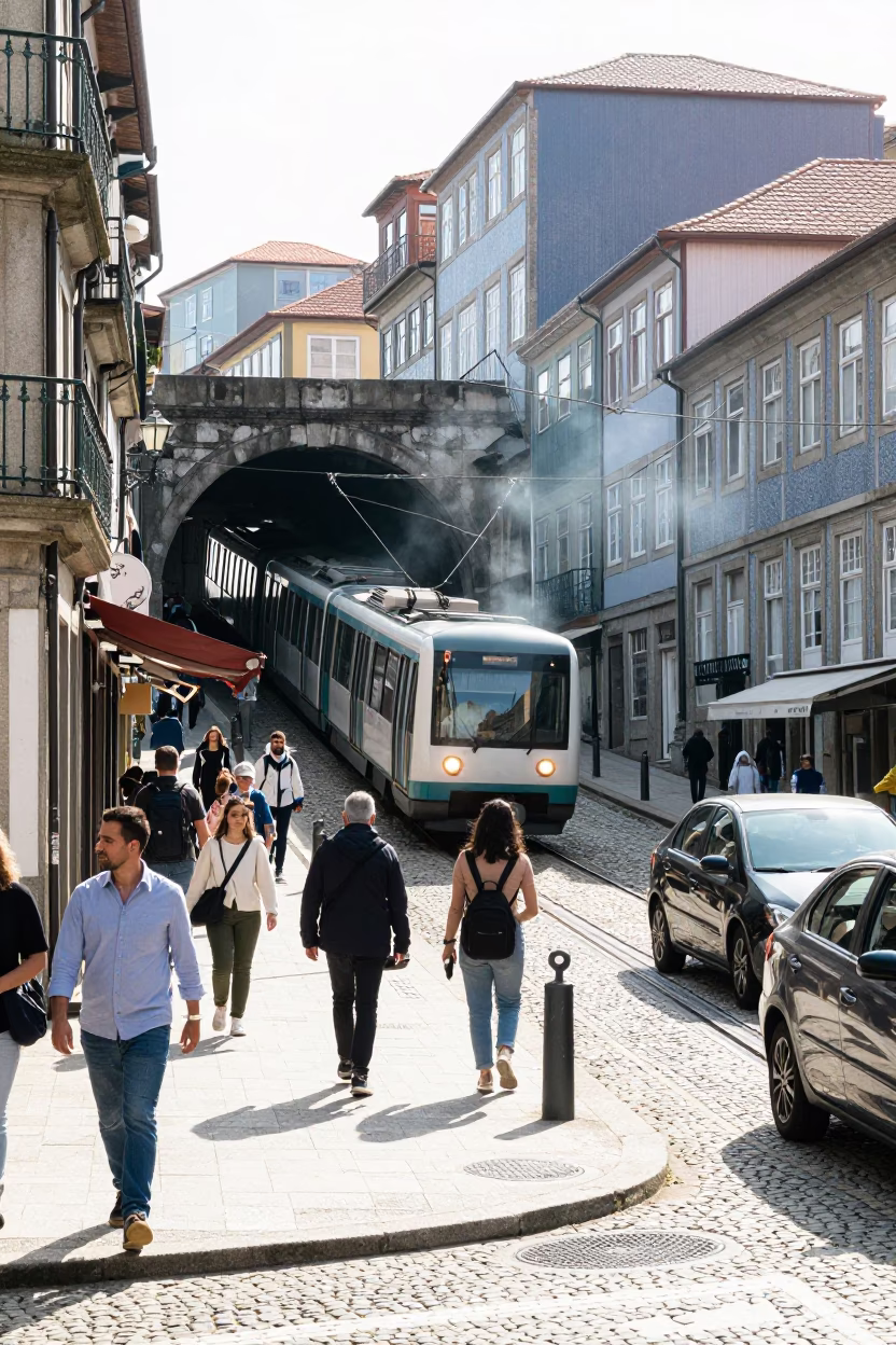 Busy Porto Street Scene with Metro Train Emerging into Bright Midmorning Light in in Porto, Portugal