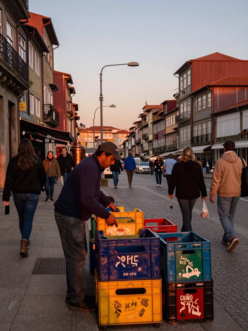 Busy Porto Street Scene with Painted Crate and Copper Dusk Light in in Porto, Portugal
