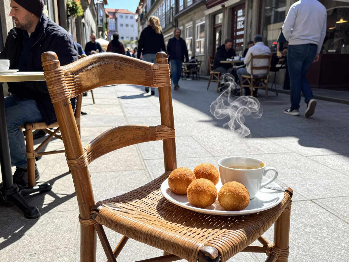 Busy Porto Street Scene with Rattan Chair and Steaming Arancini in Bright Midmorning Light in in Porto, Portugal