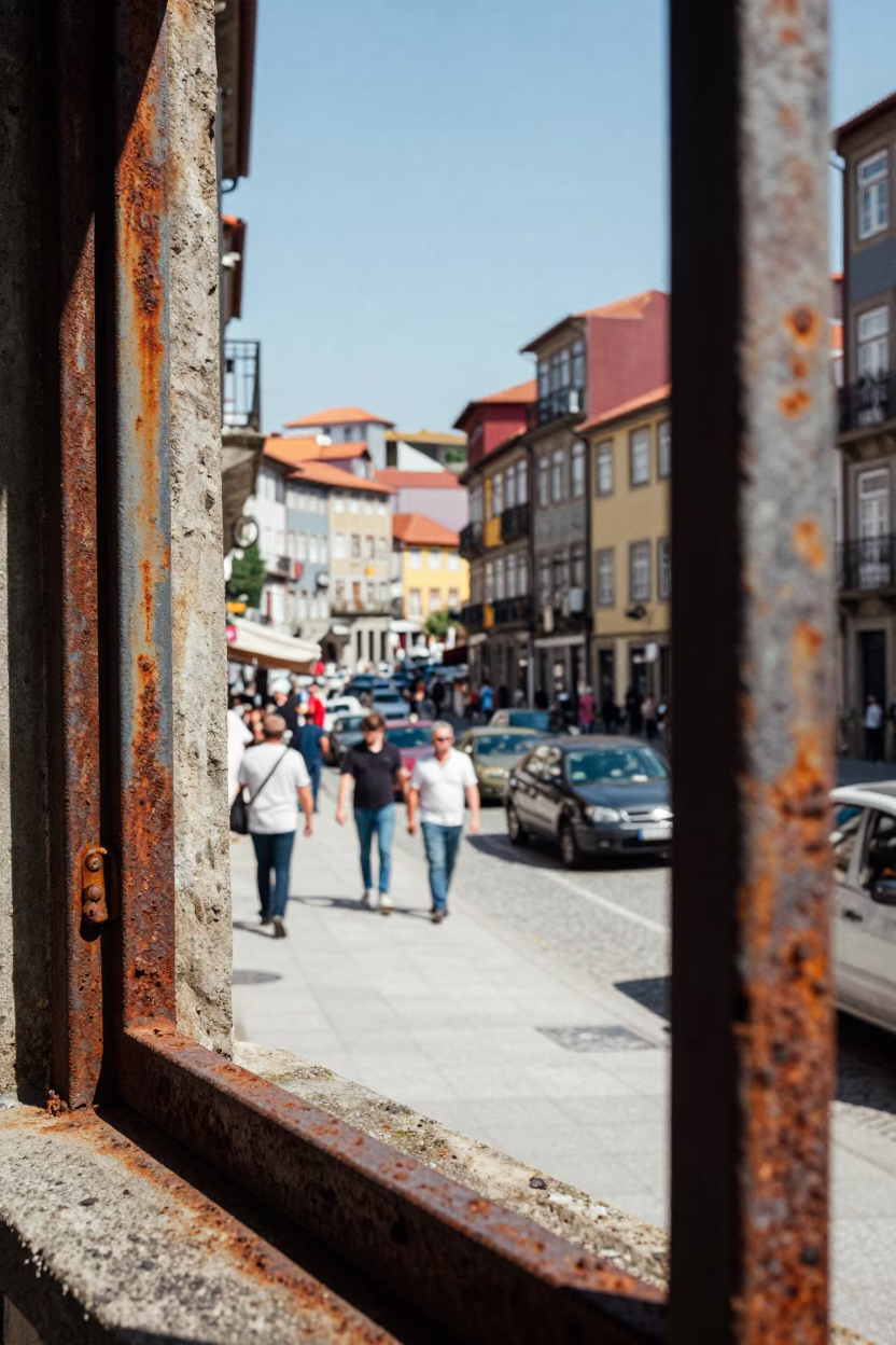 Busy Porto Street Scene with Rusty Metal Details and Traditional Architecture at Midday in in Porto, Portugal