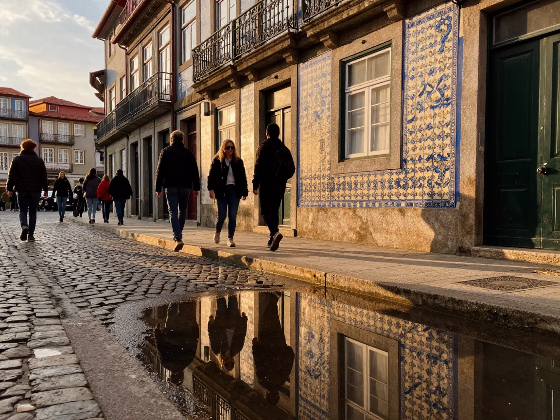 Busy Porto Street Scene with Sardines and Puddle Reflections in Evening Light in in Porto, Portugal