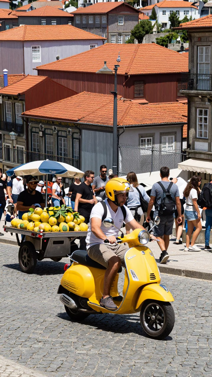 Busy Porto Street Scene with Scooter and Melons in Bright Midmorning Light in in Porto, Portugal