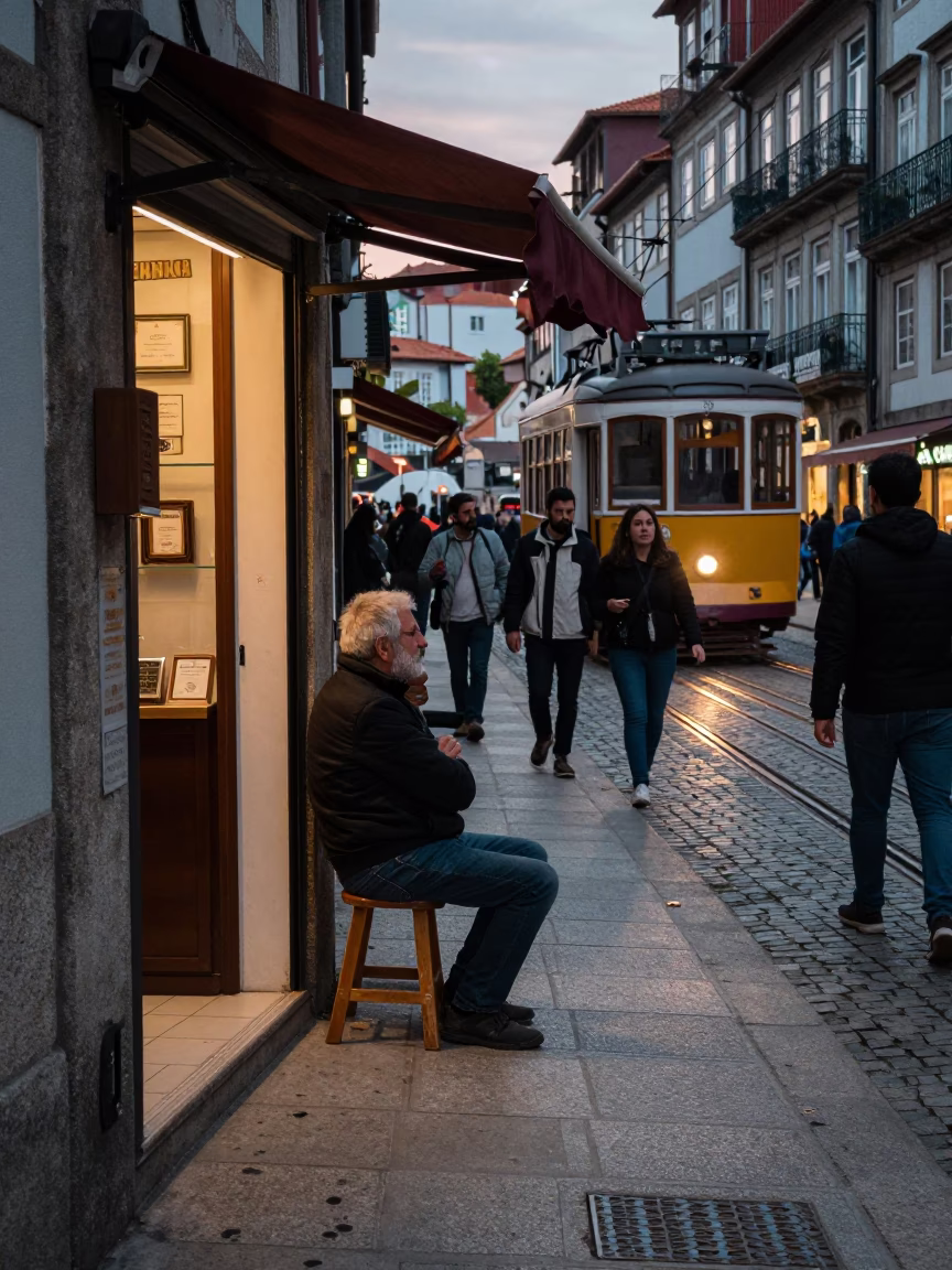 Busy Porto Street Scene with Stool and Tramway Gondola in Early Evening in in Porto, Portugal