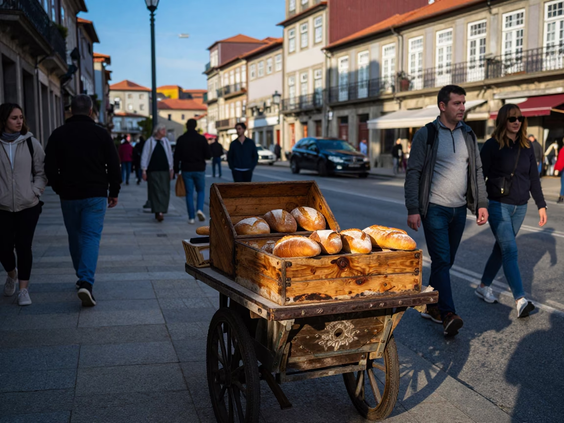 Busy Porto Street Scene with Traditional Breadbox and Cobalt Chemistry in Late Afternoon Light in in Porto, Portugal