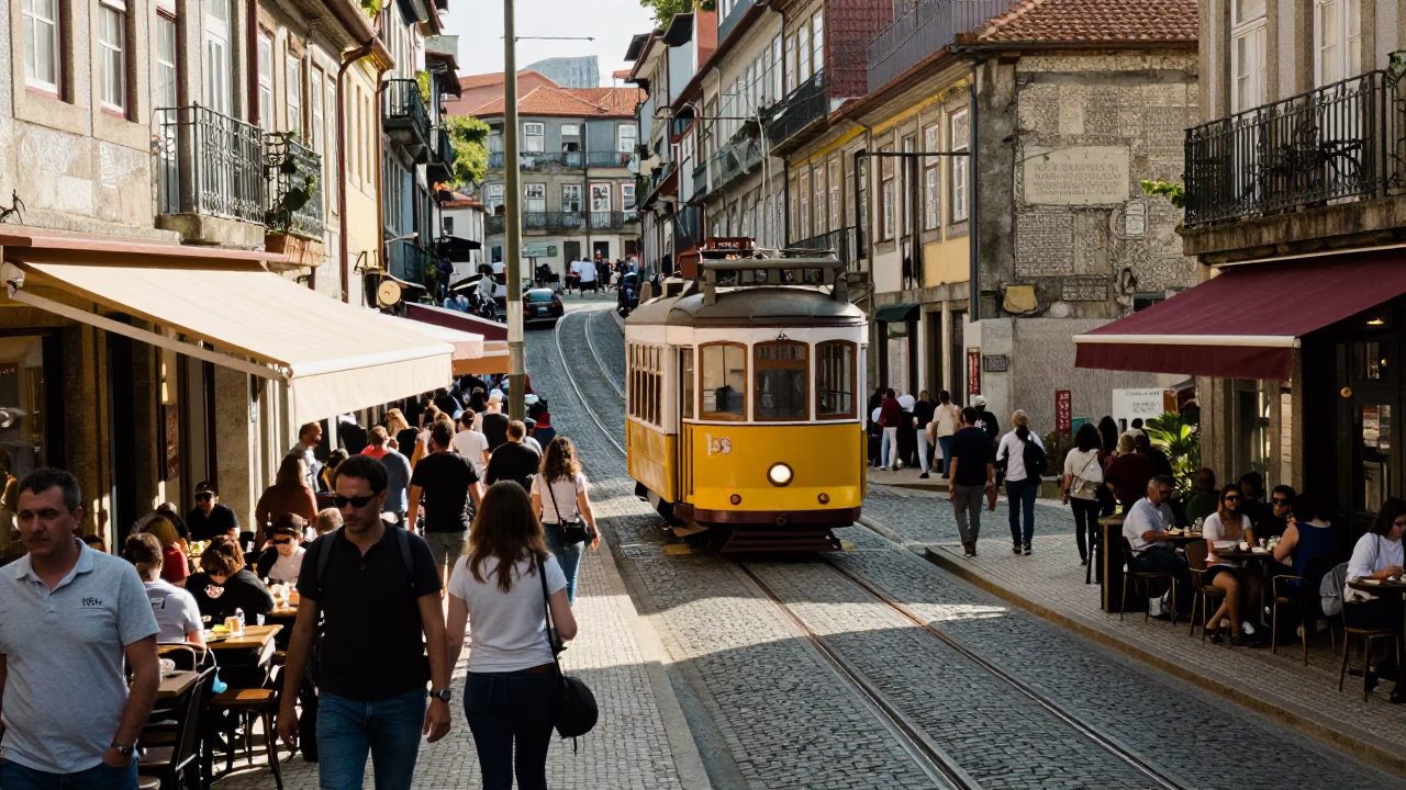 Busy Porto Street Scene with Tram and Coffee Shop in Late Afternoon Light in in Porto, Portugal