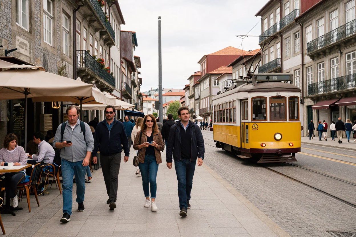 Busy Porto Street Scene with Tram and Local Cafes in Early Afternoon in in Porto, Portugal