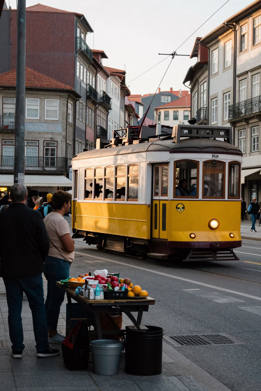 Busy Porto Street Scene with Tram and Local Vendor at First Light in in Porto, Portugal
