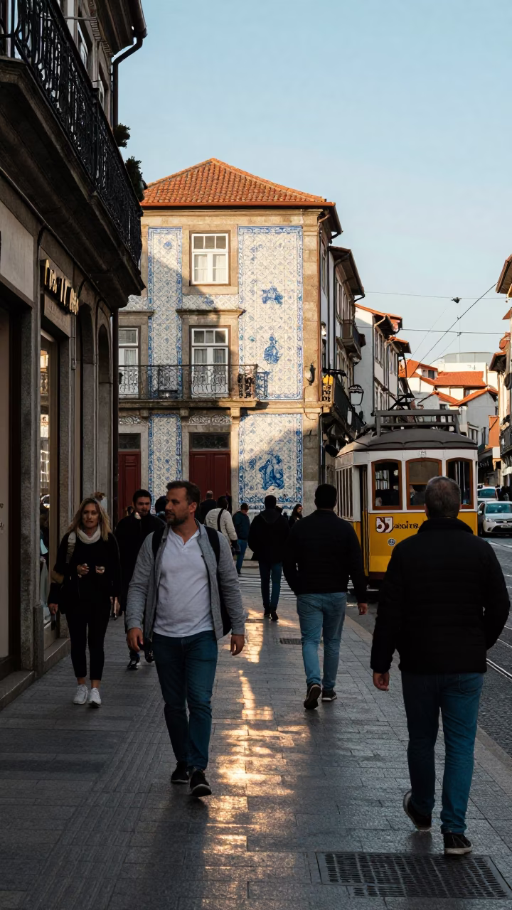Busy Porto Street Scene with Tram and Traditional Azulejo Tiles in Late Afternoon in in Porto, Portugal