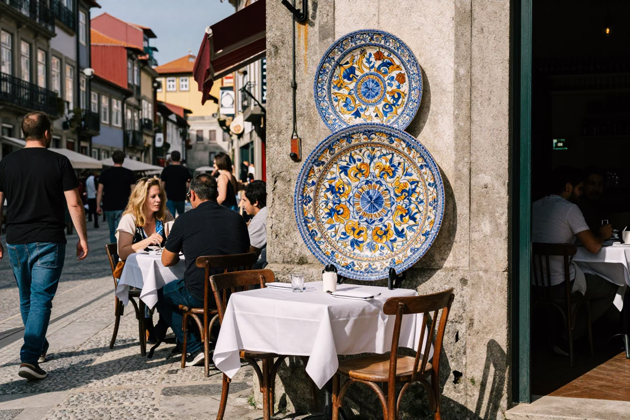 Busy Porto Street Scene with Vintage Majolica Plate and Blue Tile Facade in in Porto, Portugal