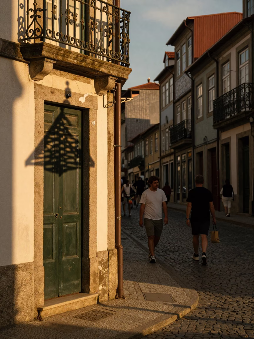 Busy Porto Street Scene with Wicker Shadow and Ironwork in Evening Light in in Porto, Portugal