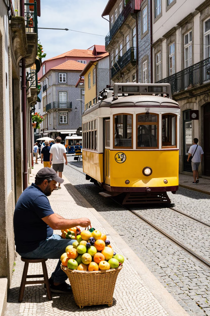 Busy Porto Street Scene with Yellow Tram and Traditional Basket Vendor at Midday in in Porto, Portugal