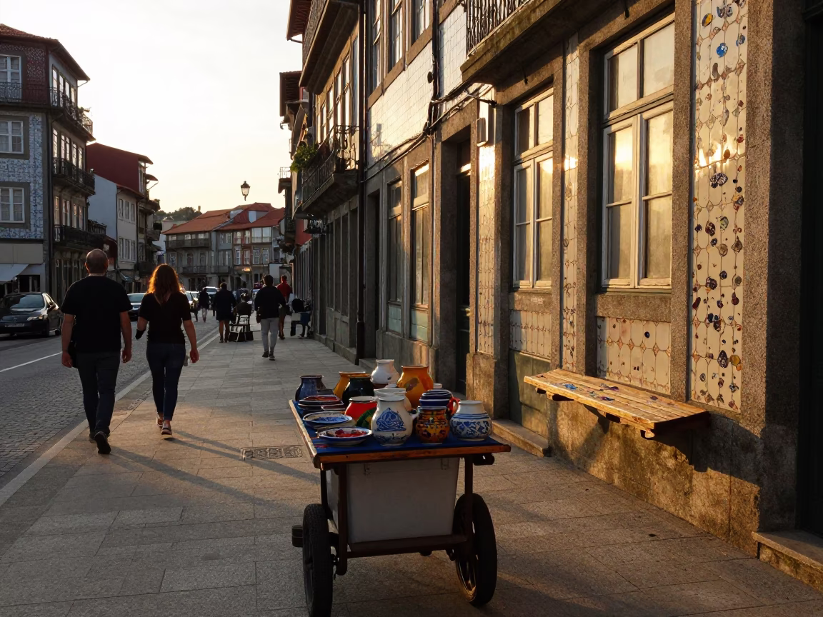 Busy Porto Sunset Street Scene with Paint Flecks and Steam Haze in in Porto, Portugal
