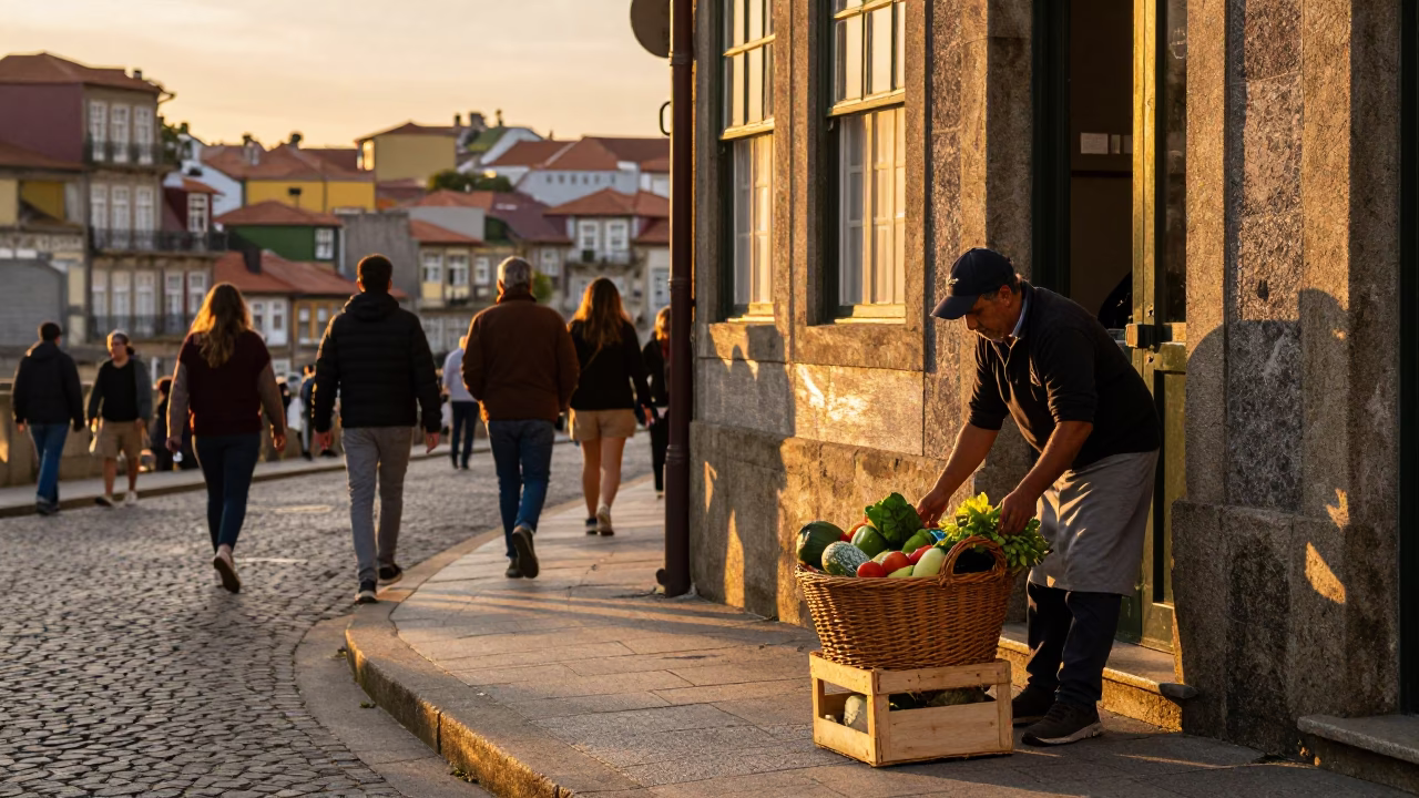 Busy Porto Sunset Street Scene with Wicker Hamper and Sunlight on Cobblestones in in Porto, Portugal