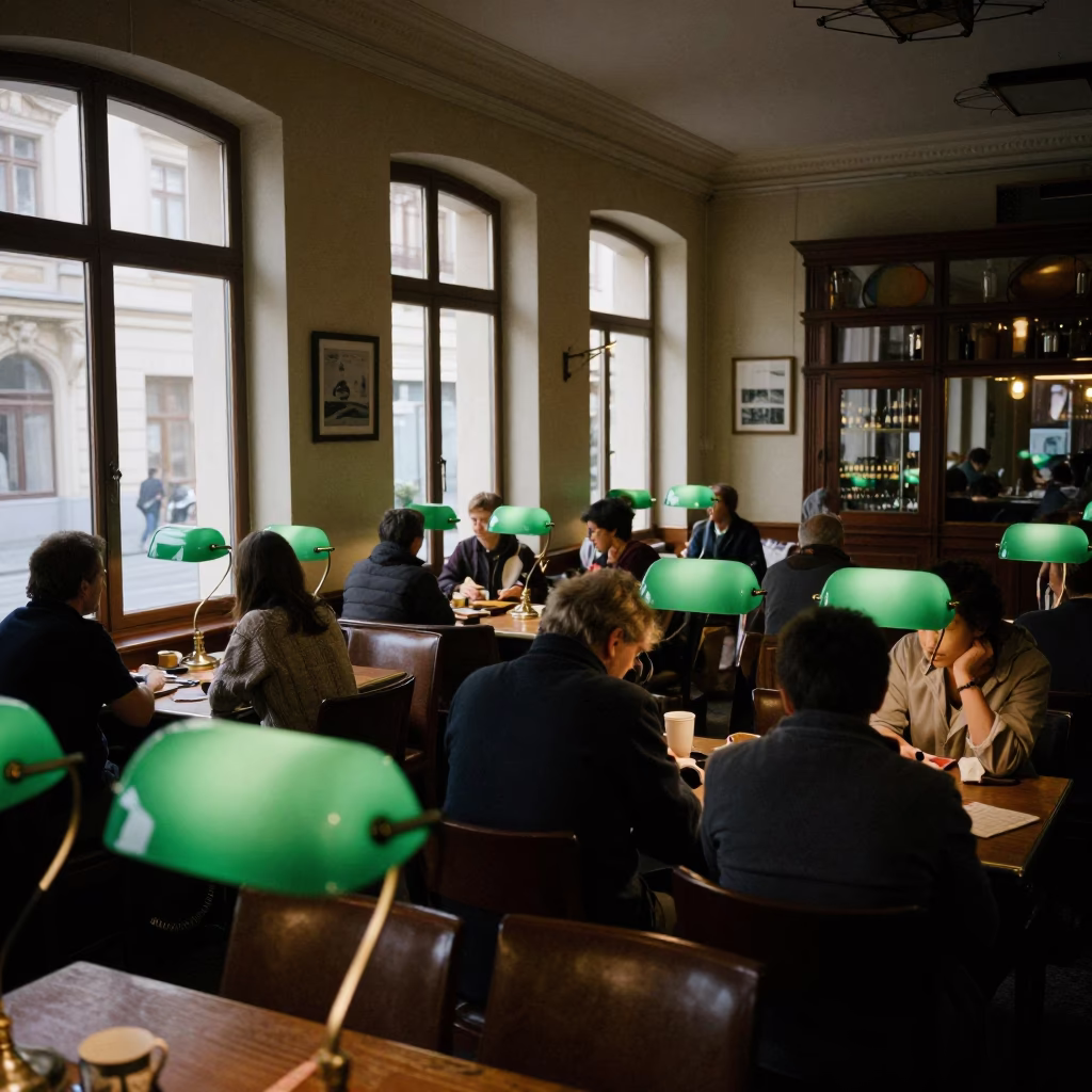 Busy Prague 1980s Cafe Interior with Green Banker Lamps and Vintage Decor in in Prague, Czech Republic