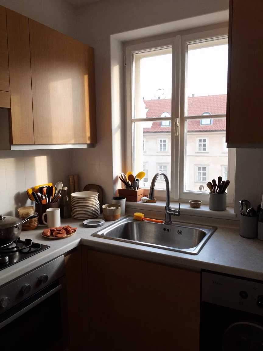 Busy Prague Apartment Kitchen Late Afternoon with Sink and Potted Herbs in in Prague, Czech Republic
