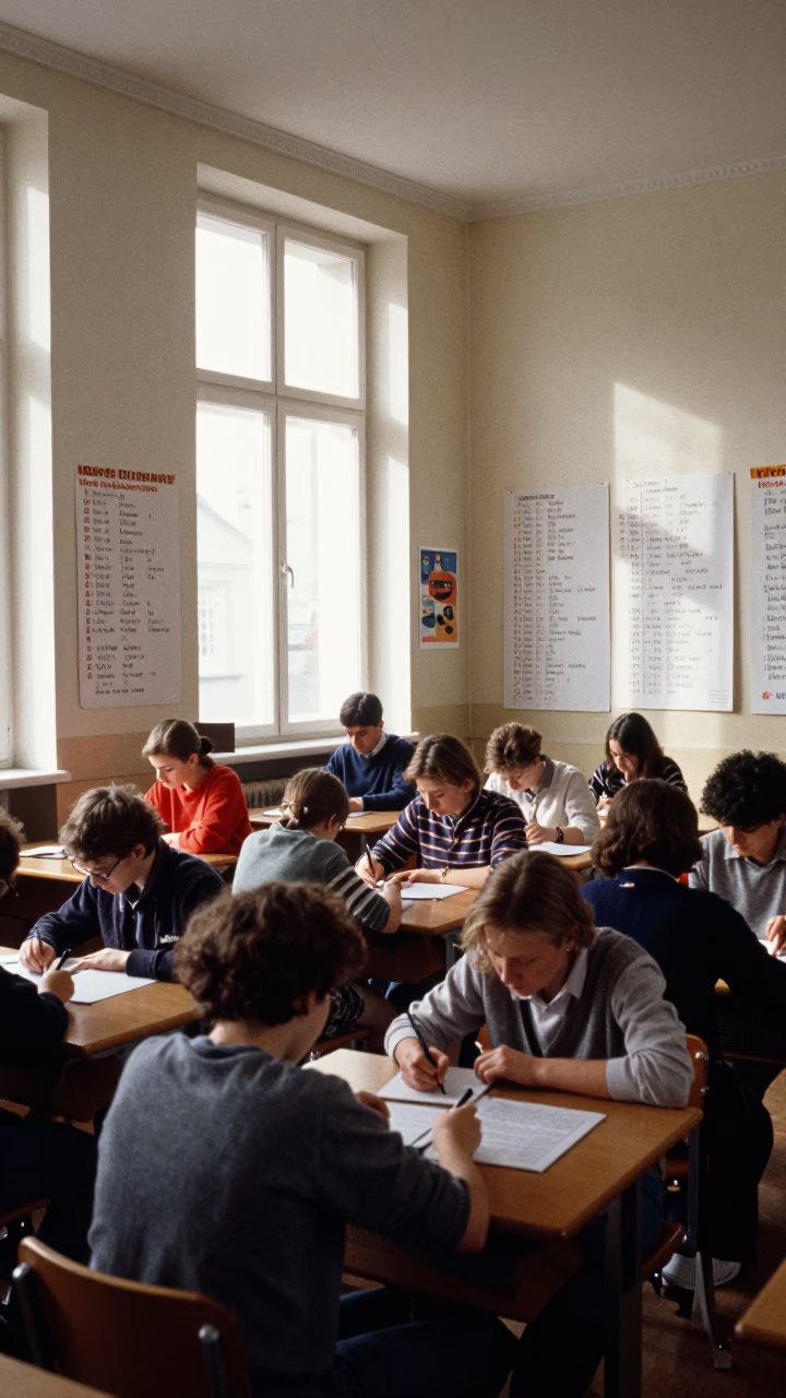 Busy Prague Classroom with Verb Charts and Students Studying in Early Afternoon in in Prague, Czech Republic
