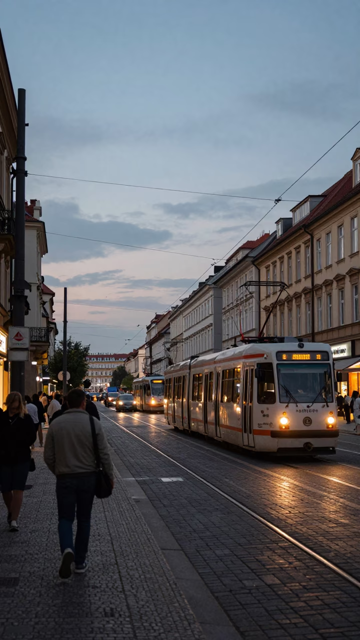 Busy Prague Evening Street Scene with Tram Catenary and Local Interaction in in Prague, Czech Republic