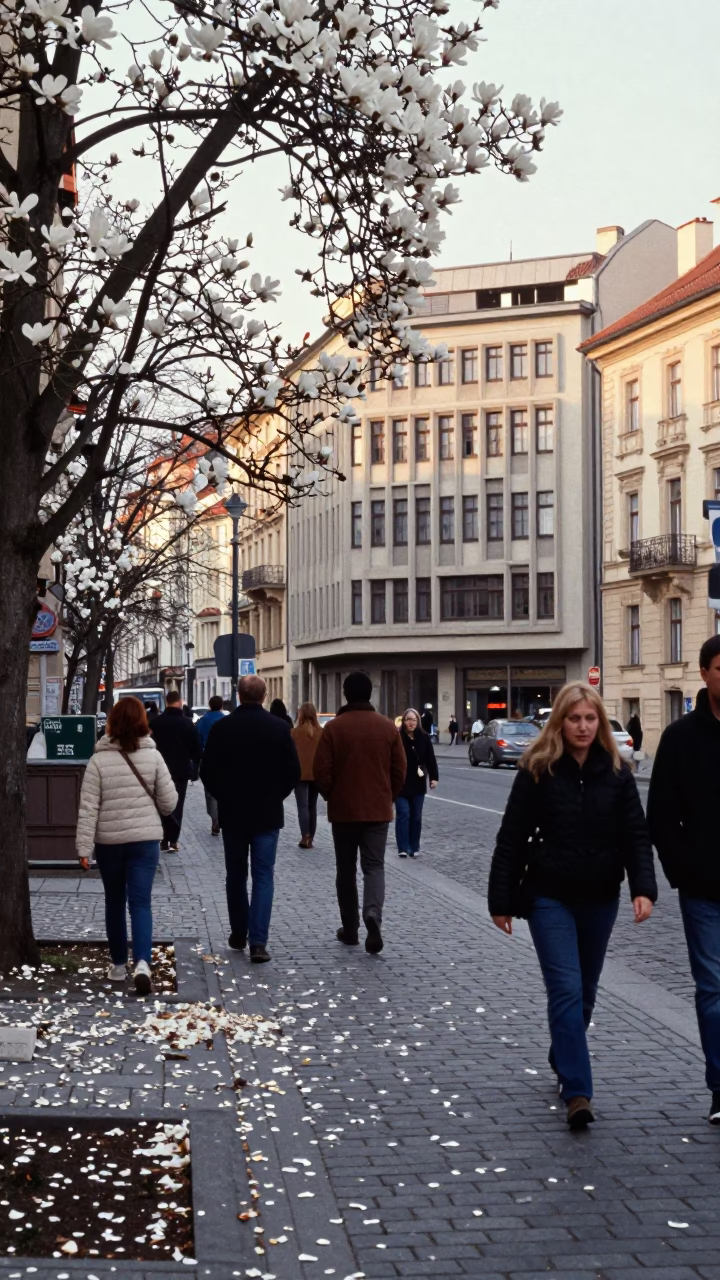 Busy Prague Late Morning Street Scene with Magnolia Tree and Bauhaus Architecture in in Prague, Czech Republic