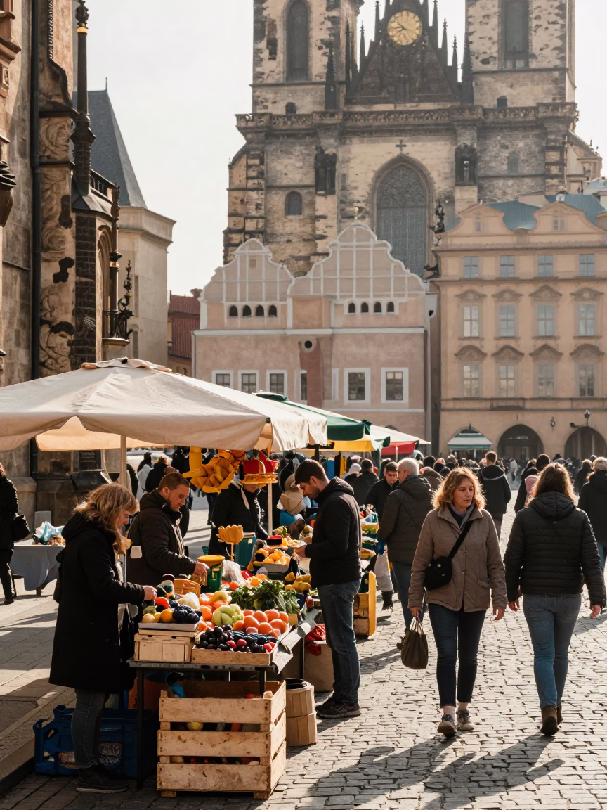 Busy Prague Morning Market Scene with Traditional Stalls and Local Shoppers in Early Light in in Prague, Czech Republic