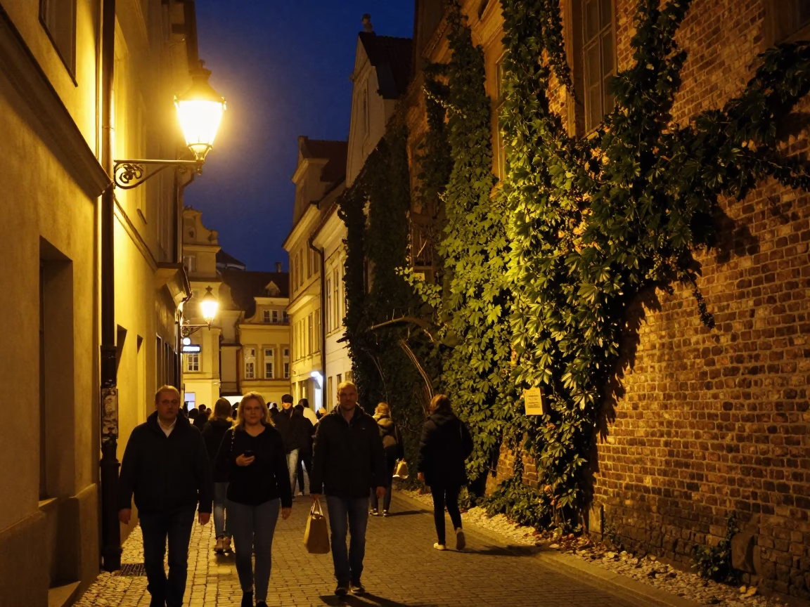 Busy Prague Night Street Scene with Ivy Brick Wall and Coiled Rope in in Prague, Czech Republic