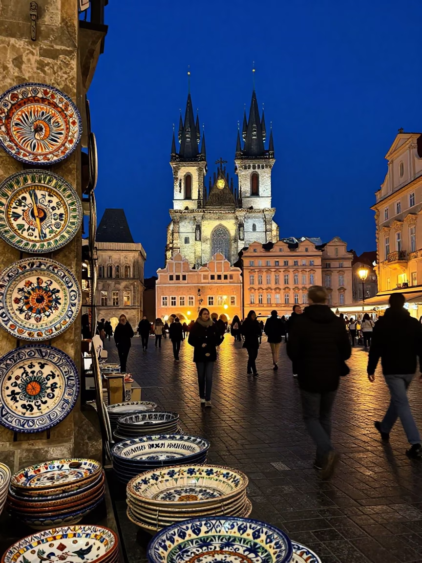 Busy Prague Night Street Scene with Majolica Plates and Cooler Jug at Deep Night in in Prague, Czech Republic