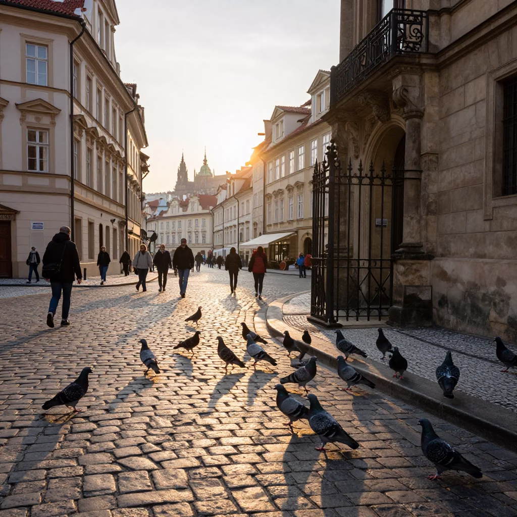 Busy Prague Street Corner After Sunrise with Pigeons and Vintage Details in in Prague, Czech Republic