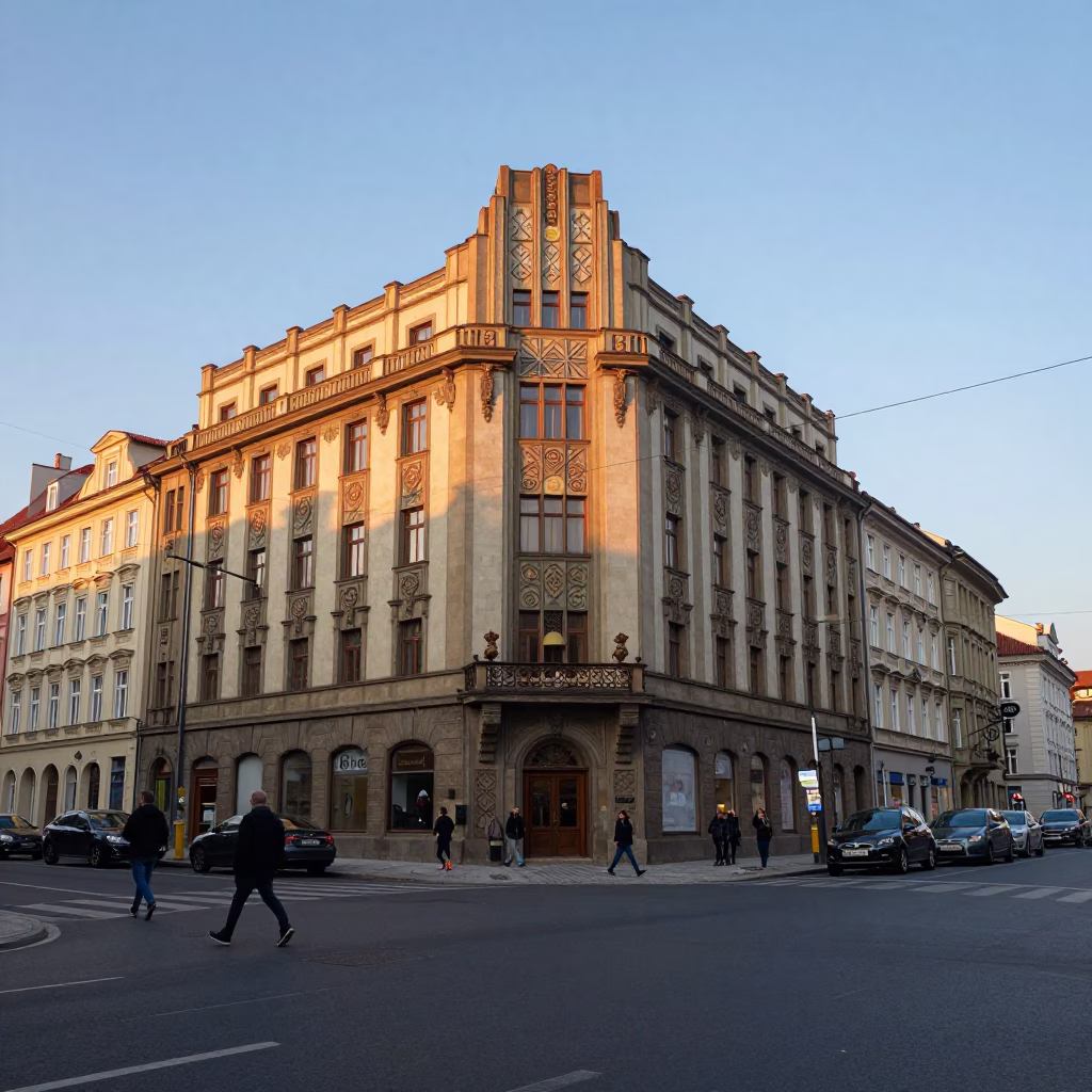 Busy Prague Street Corner at Dawn with Art Deco Hotel Facade and Morning Commuters in in Prague, Czech Republic