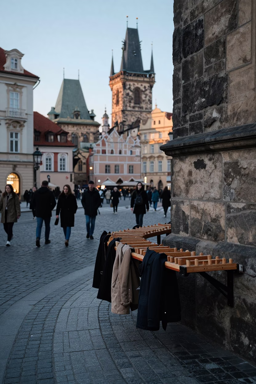 Busy Prague Street Corner at Dawn with Vintage Coats and Umbrellas in in Prague, Czech Republic