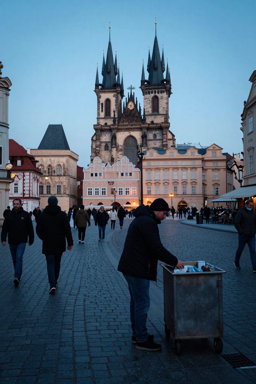 Busy Prague Street Corner at Nautical Dawn with Local Commuters and Historic Architecture in in Prague, Czech Republic
