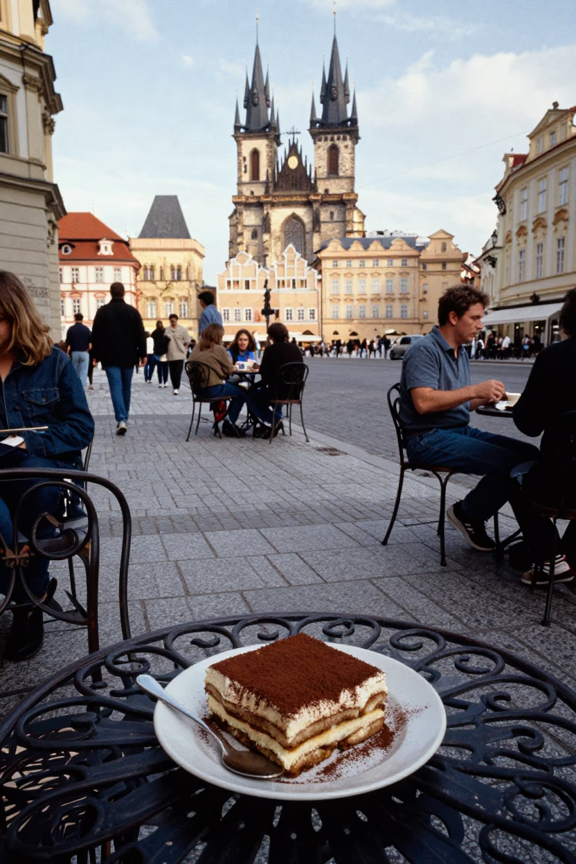 Busy Prague Street Corner Early Afternoon with Tiramisu and Sketchbook in in Prague, Czech Republic
